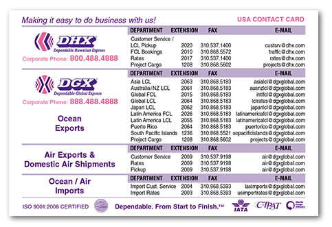 DHX promotional USA contact phone card, front